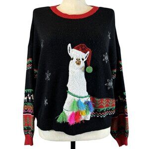 Holiday Time Womens Black Llama Christmas Sweater Hat Tassel Embellished Size XL